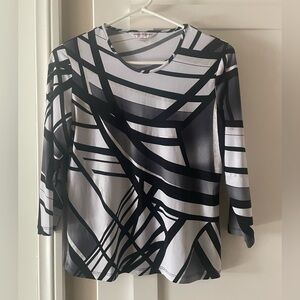 Allison Daley Black, White and Silver 3/4 Sleeve Abstract Blouse Size PP/TP